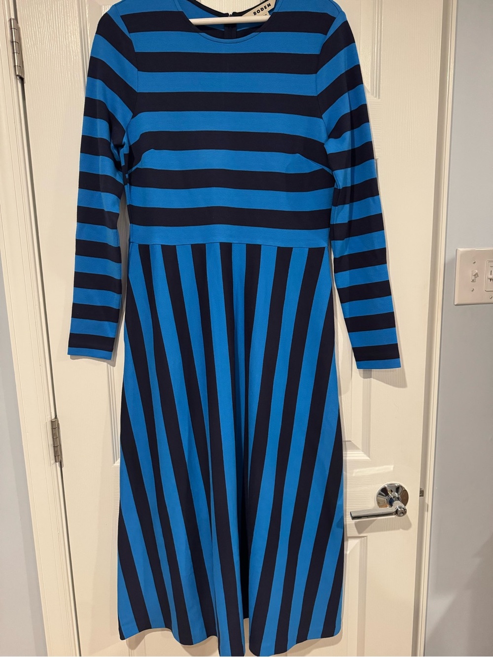 Boden Blue and Black Striped Long-Sleeve Fit & Flare Dress